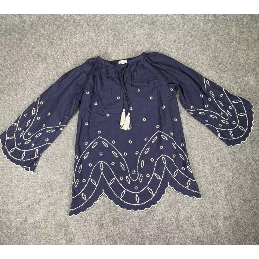 Mud Pie Tunic Women S Navy Boho Peasant Embroidered Tassel Tie Fairy Festival